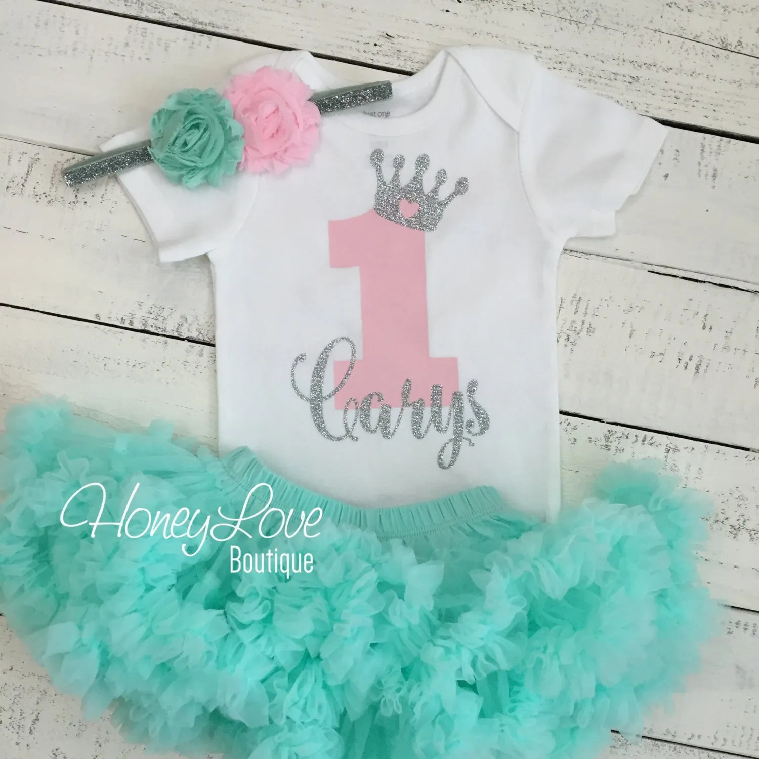 Personalized 1st Birthday Princess Outfit - Silver Glitter, Light Pink and Mint/Aqua