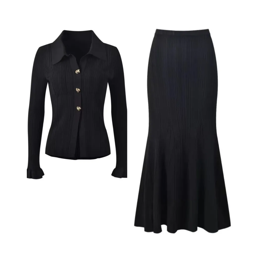 Pre Order:  Solid Elastic Knitted Button Down Top   Skirt