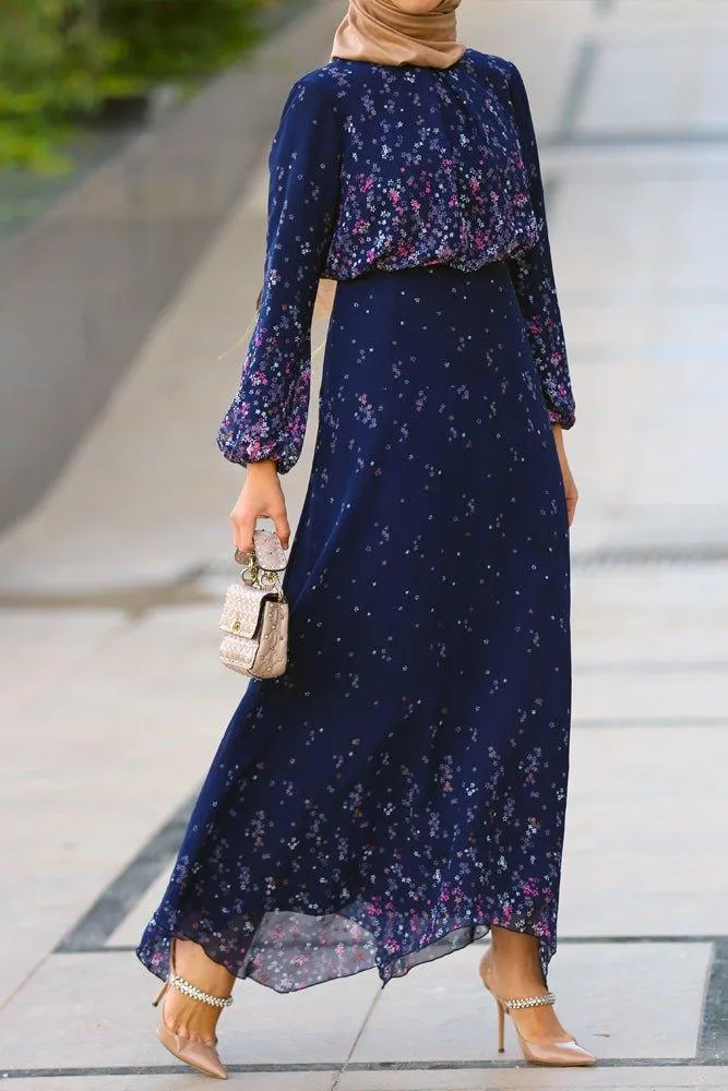 Printed modest chiffon viscose maxi dress with long sleeve and full cotton lining