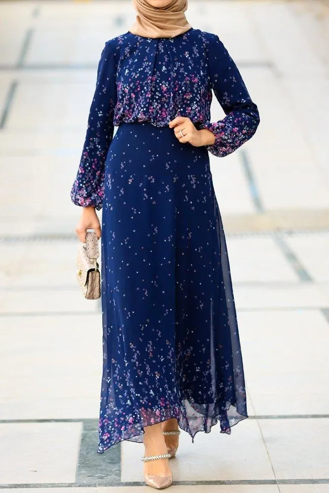 Printed modest chiffon viscose maxi dress with long sleeve and full cotton lining