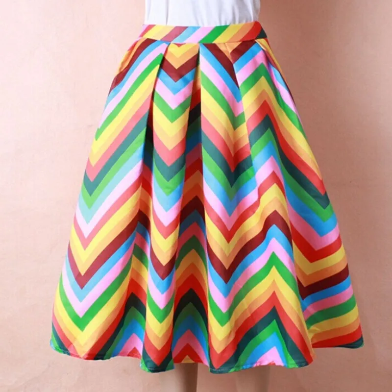 Rainbow Print High Waist Casual Party Skirt Swing Ball Gown Midi Tunic Vestidos Pin Up Rockabilly Vintage Skirt Skater Saias