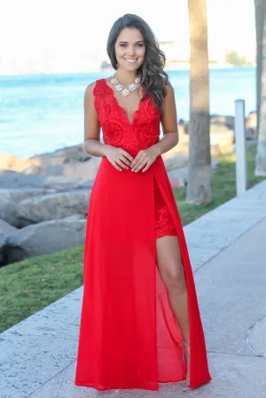 Red Embroidered Maxi Dress with Side Slit