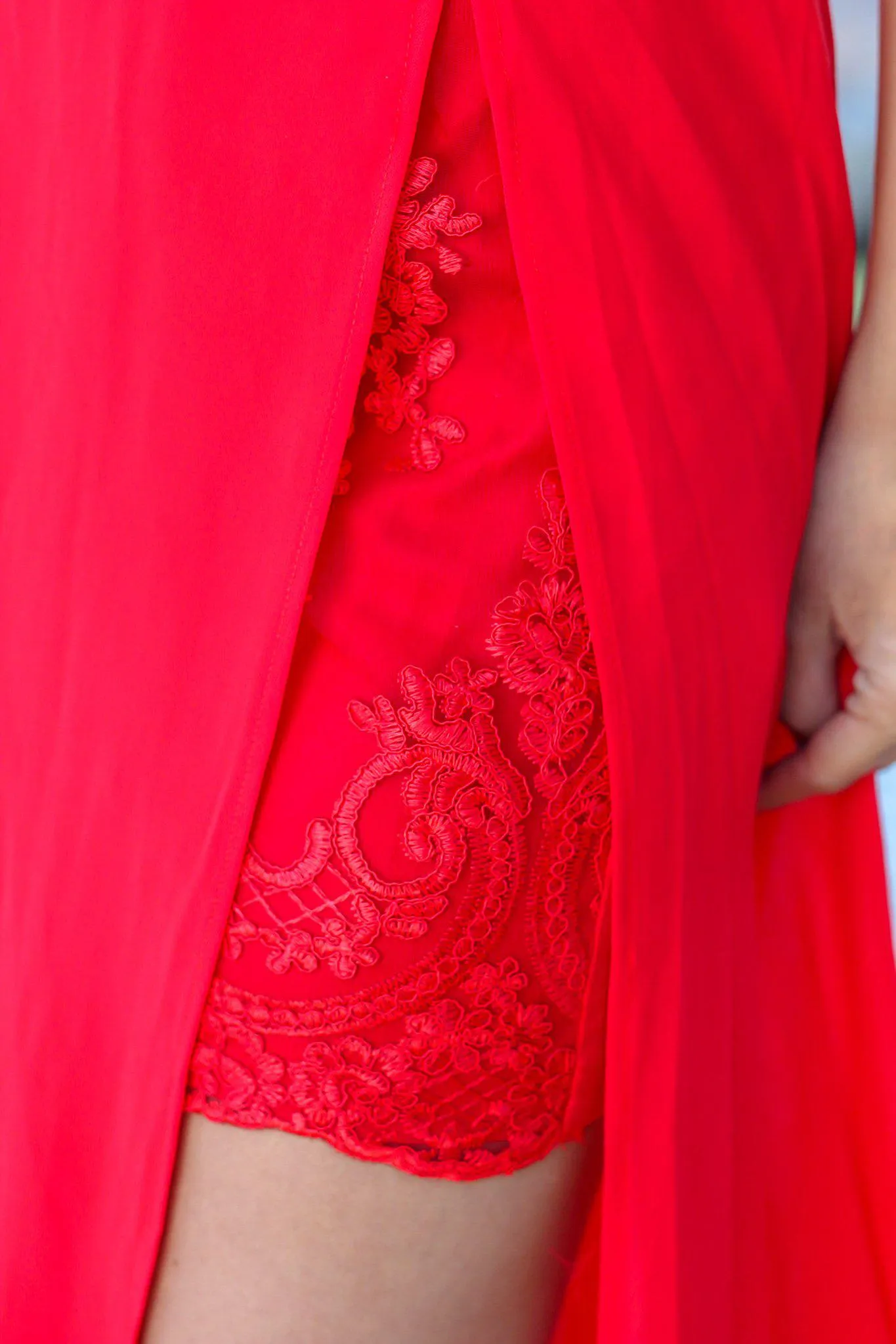 Red Embroidered Maxi Dress with Side Slit