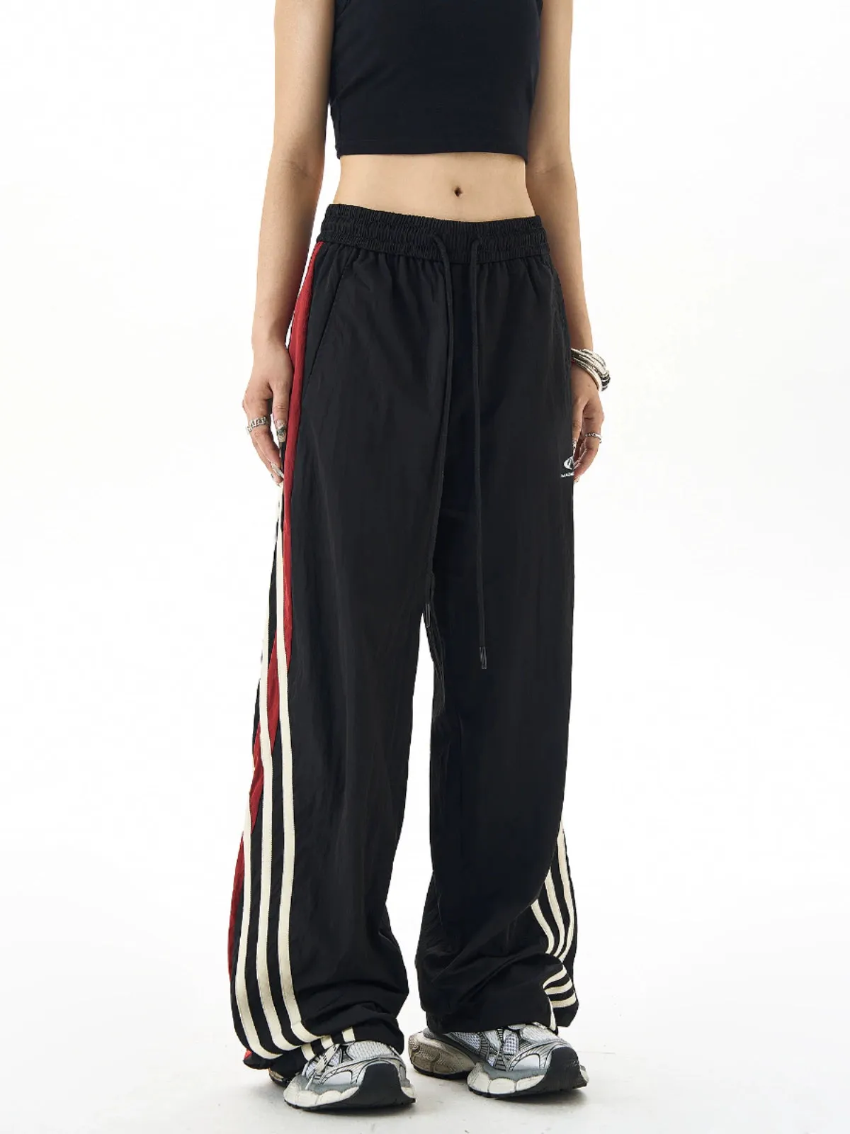 Retro Stitched Striped Wide-Leg Track Pants & Three-Bar Loose Slacks