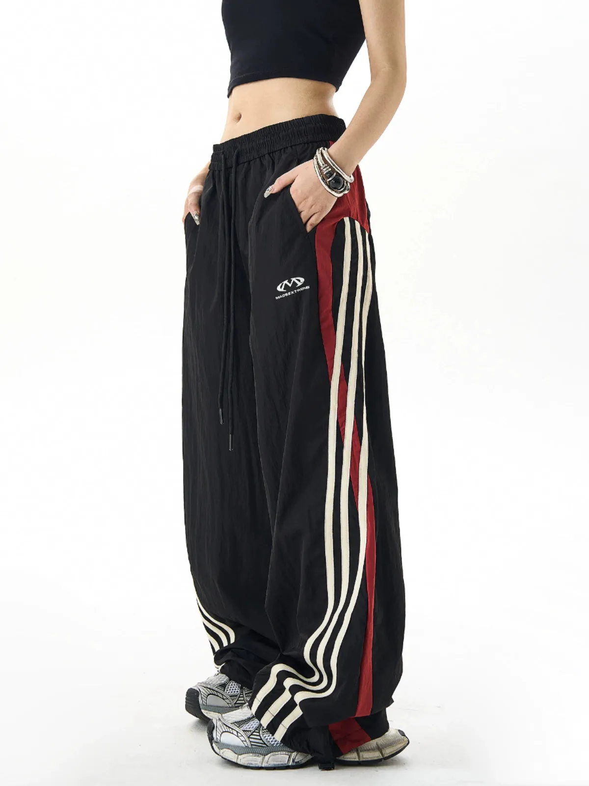 Retro Stitched Striped Wide-Leg Track Pants & Three-Bar Loose Slacks