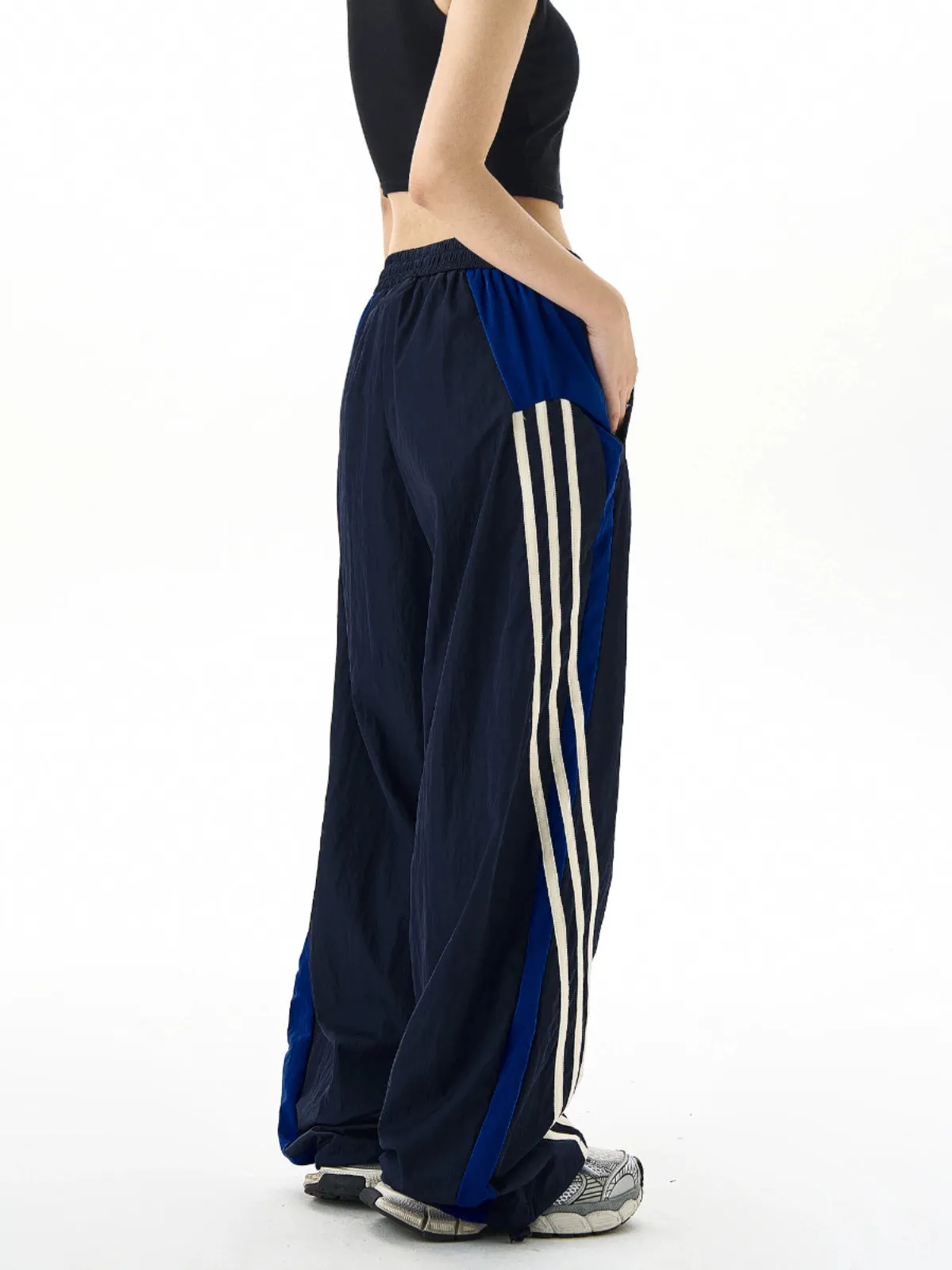 Retro Stitched Striped Wide-Leg Track Pants & Three-Bar Loose Slacks