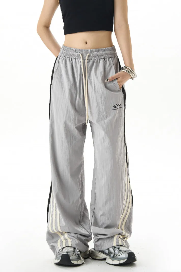 Retro Stitched Striped Wide-Leg Track Pants & Three-Bar Loose Slacks