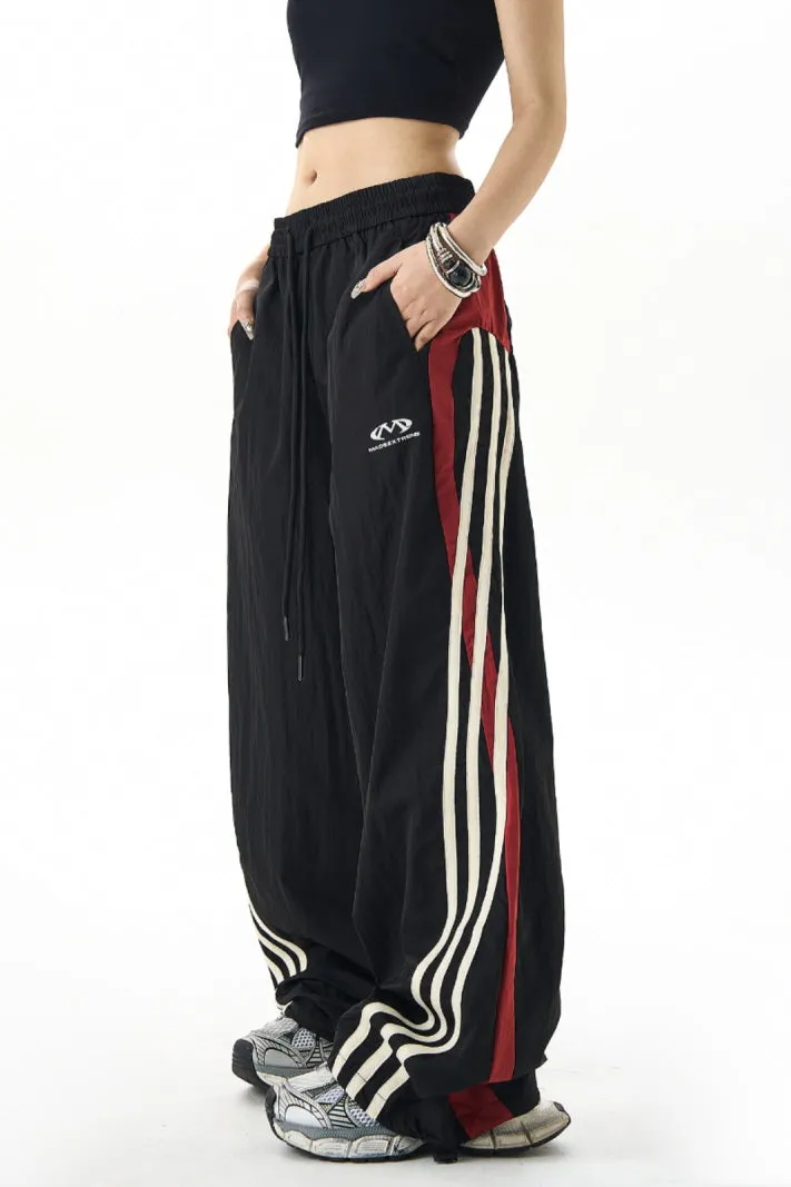 Retro Stitched Striped Wide-Leg Track Pants & Three-Bar Loose Slacks