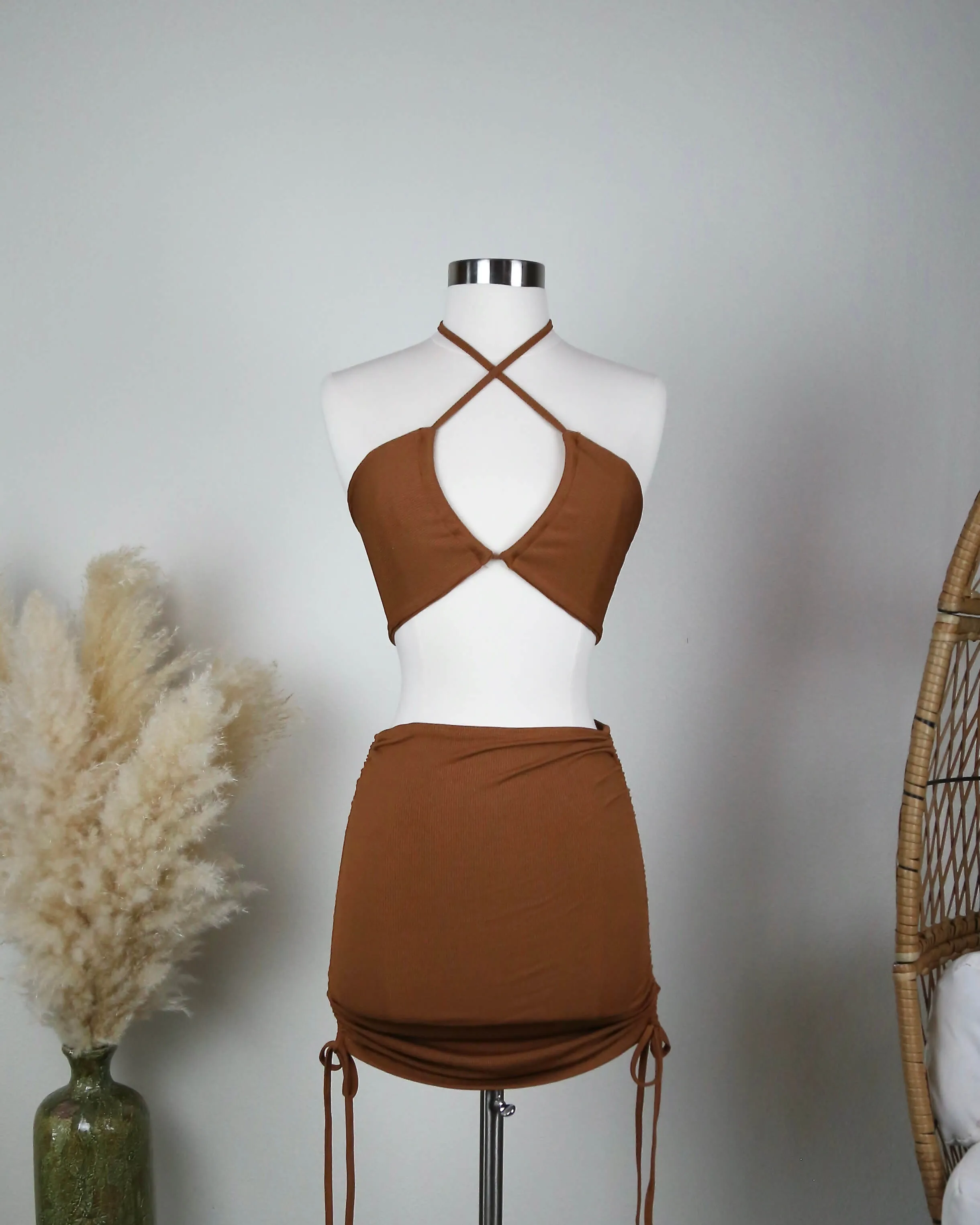 Ribbed Knit Halter Ruched Skirt Set in Brown