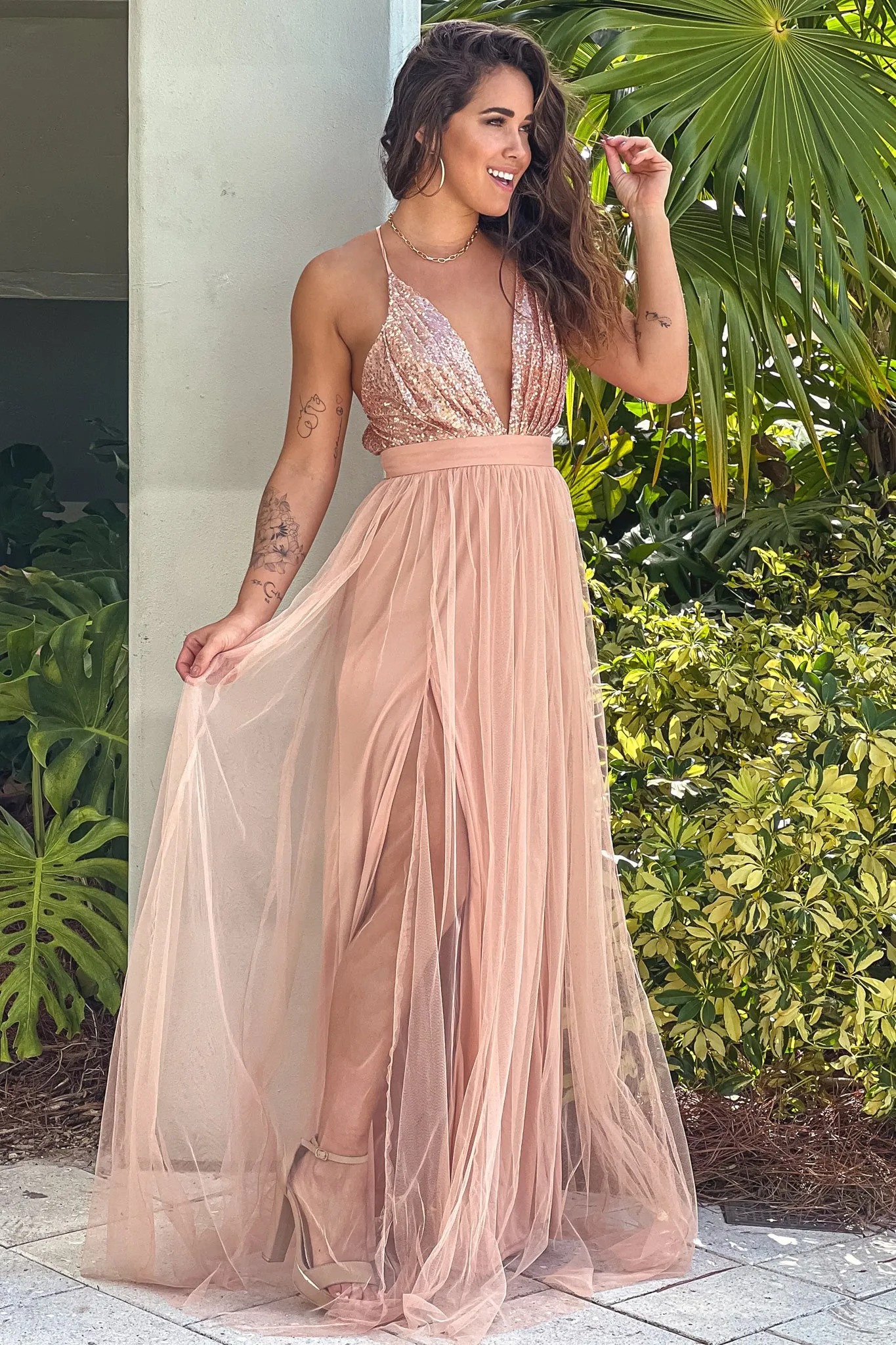 Rose Gold Tulle Maxi Dress with Sequin Top and Criss Cross Back