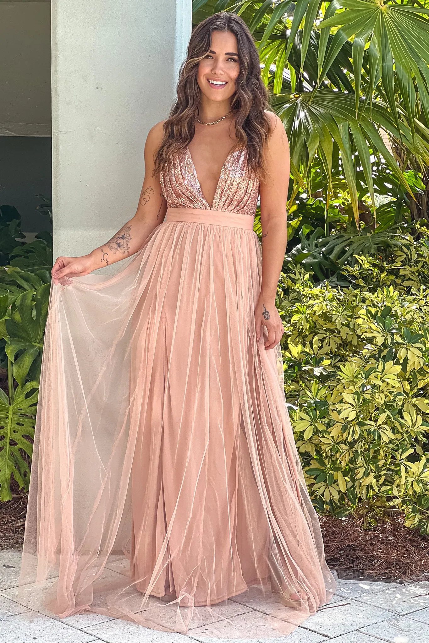 Rose Gold Tulle Maxi Dress with Sequin Top and Criss Cross Back