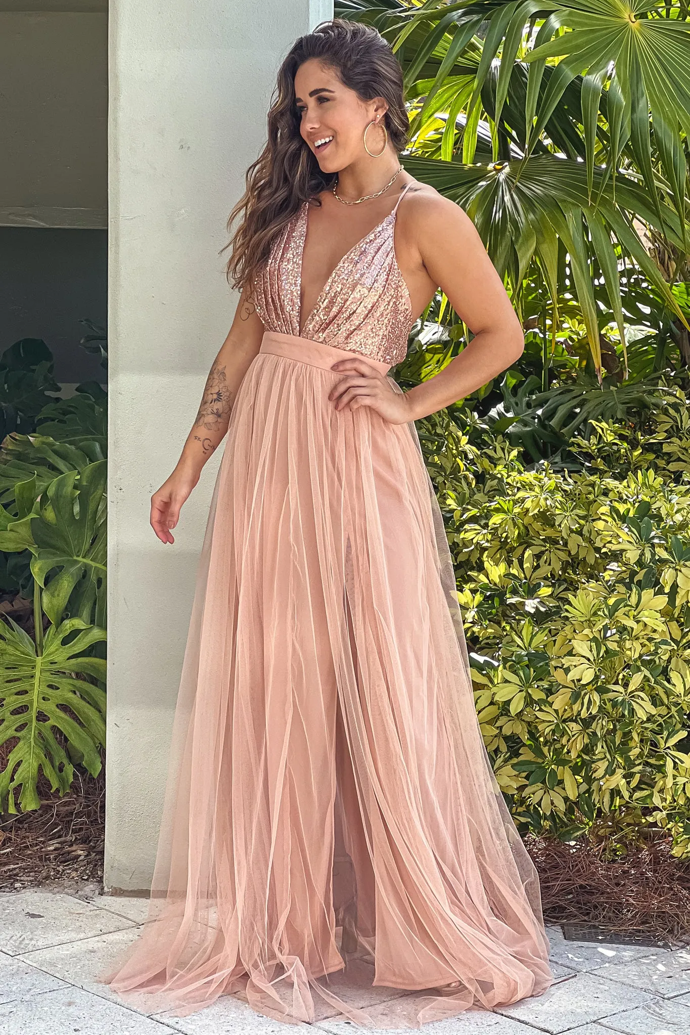 Rose Gold Tulle Maxi Dress with Sequin Top and Criss Cross Back