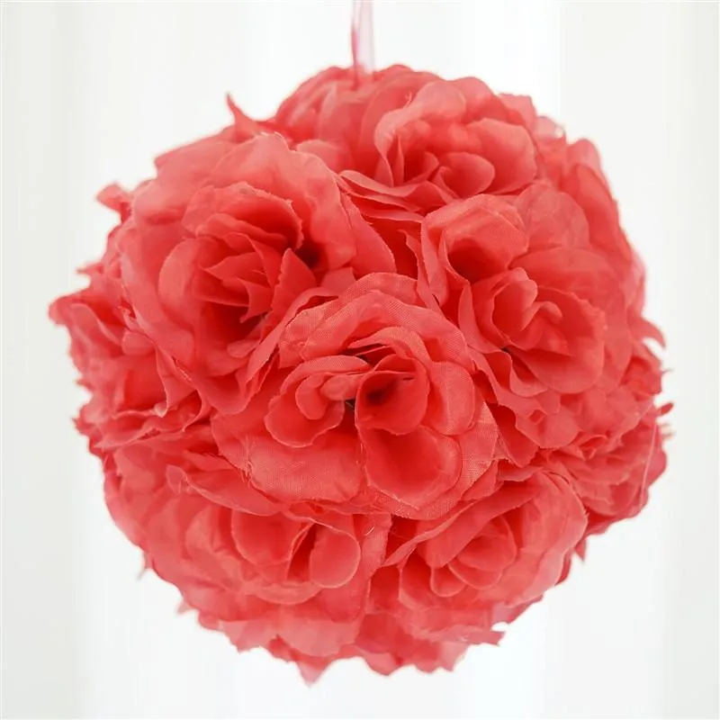 Rose Kissing Ball Artificial Silk Flowers - Coral - 4 pack