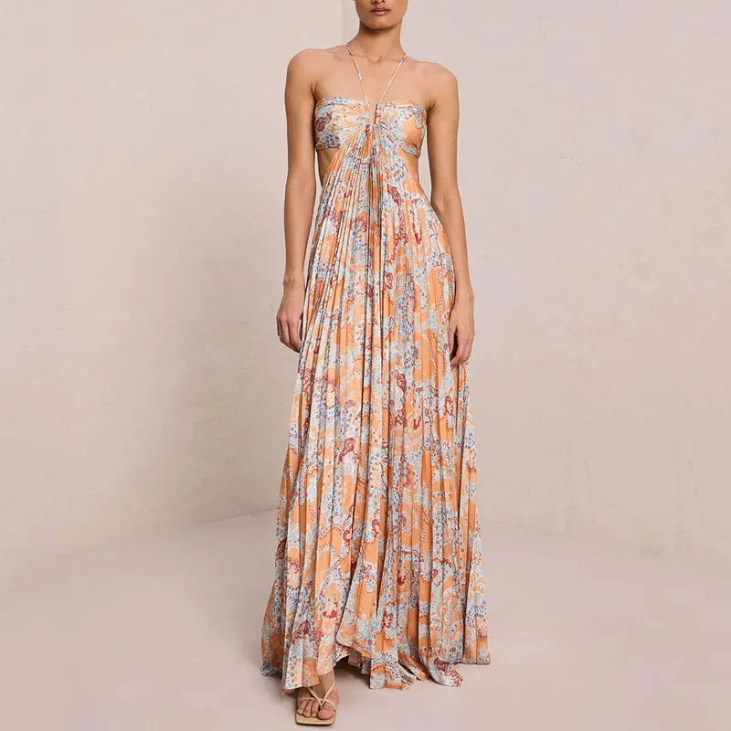 Summer New Print Sexy Hanging Neck High Grade Elegant Backless Pleated Dress