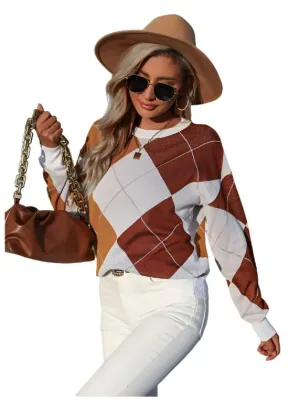 TEEK - Brown Knitted Diamond Checkered Sweater