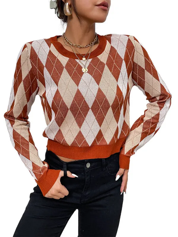 TEEK - Burnt Brown Long-Sleeved Short Rhombus Sweater