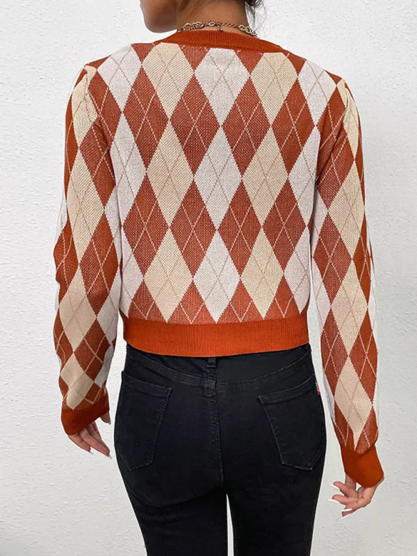 TEEK - Burnt Brown Long-Sleeved Short Rhombus Sweater