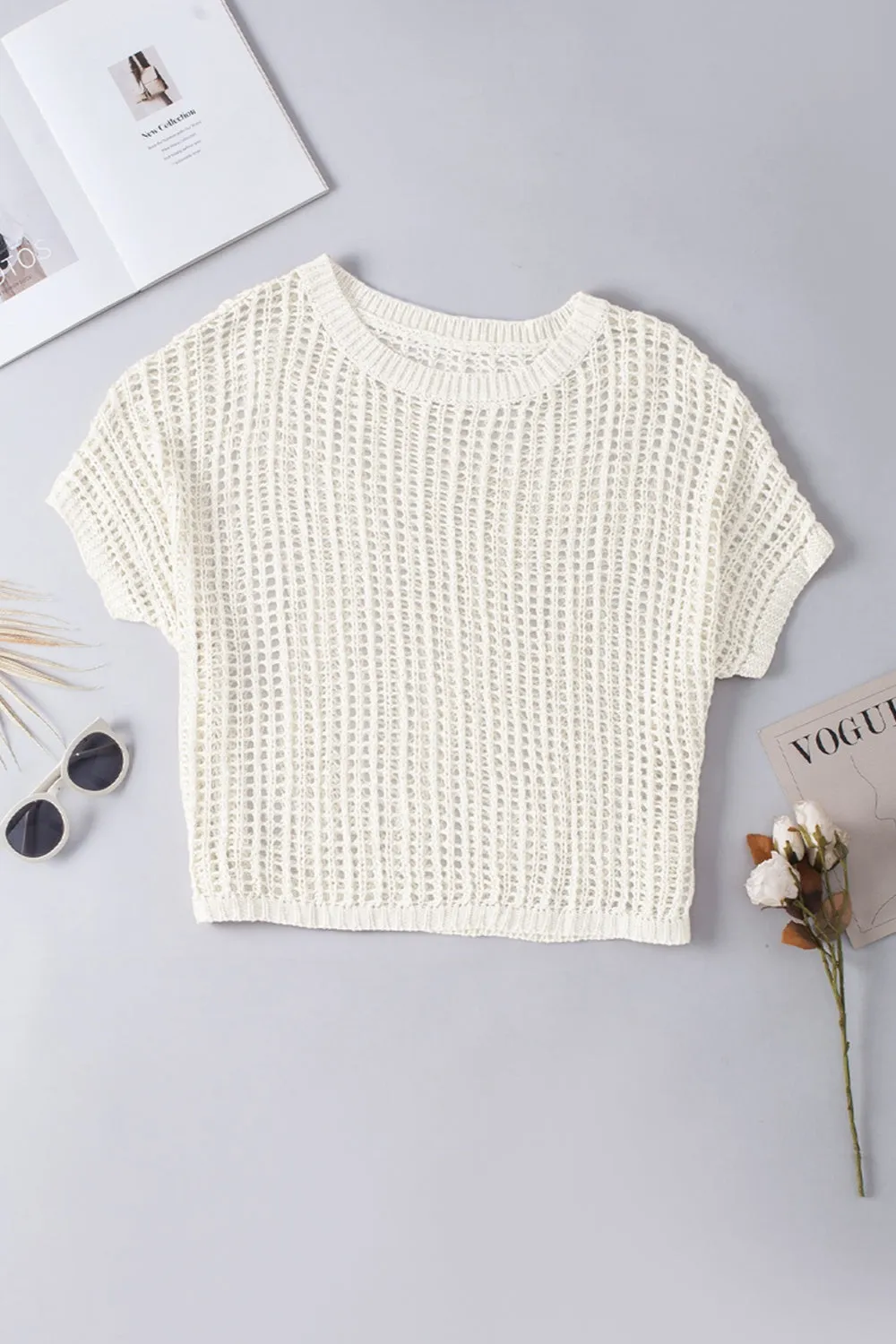 TEEK - Mesh Round Neck Half Sleeve Knit Top