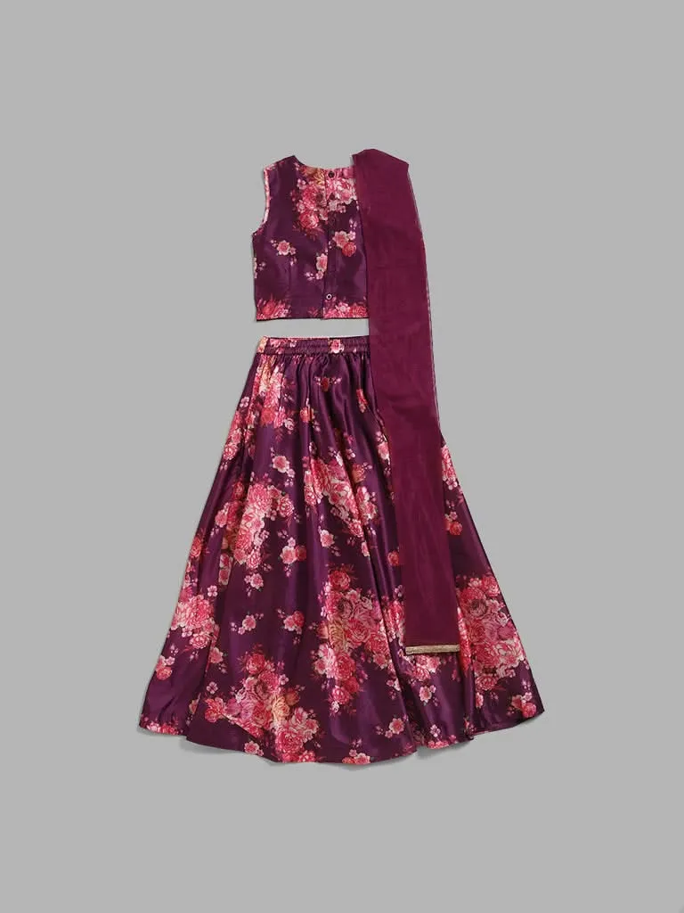 Utsa Kids Purple Floral Printed Choli, Skirt and Dupatta Set (8 -14yrs)