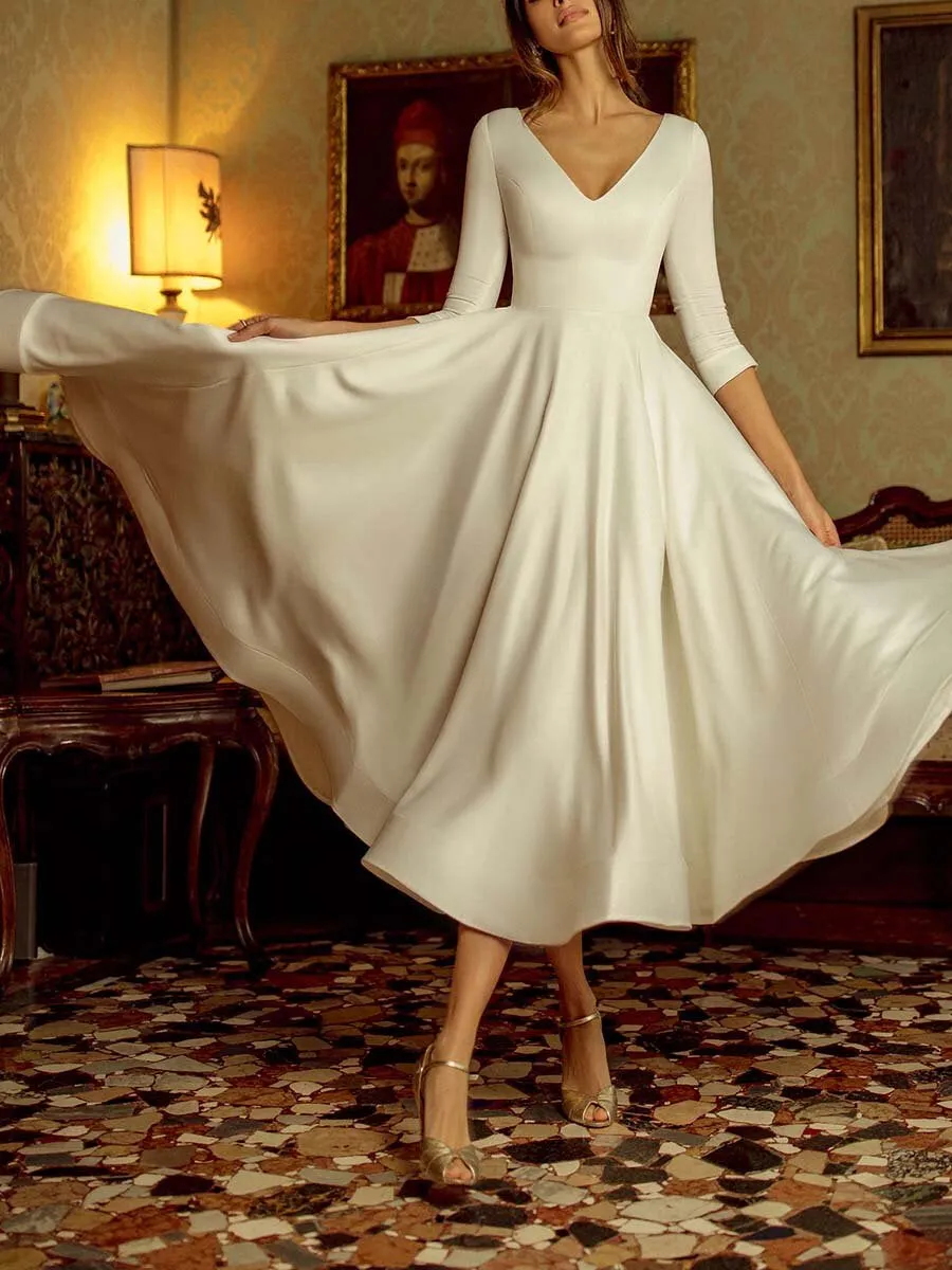 V-neck Elegant Mid-length White Large Skirt Dress