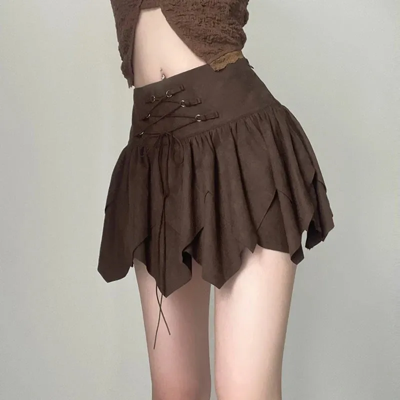 Vintage Fashion Suede High Waist Mini Skirt Lace Up Irregular Hem Harajuku Folds Hottie Preppy Style Female Skirt Y2K