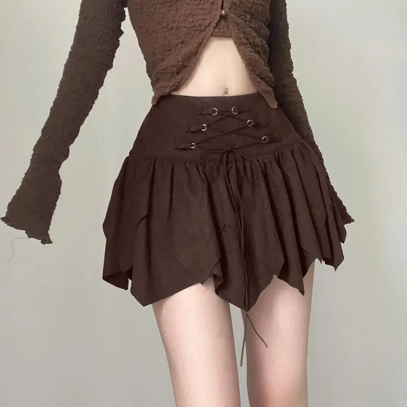 Vintage Fashion Suede High Waist Mini Skirt Lace Up Irregular Hem Harajuku Folds Hottie Preppy Style Female Skirt Y2K