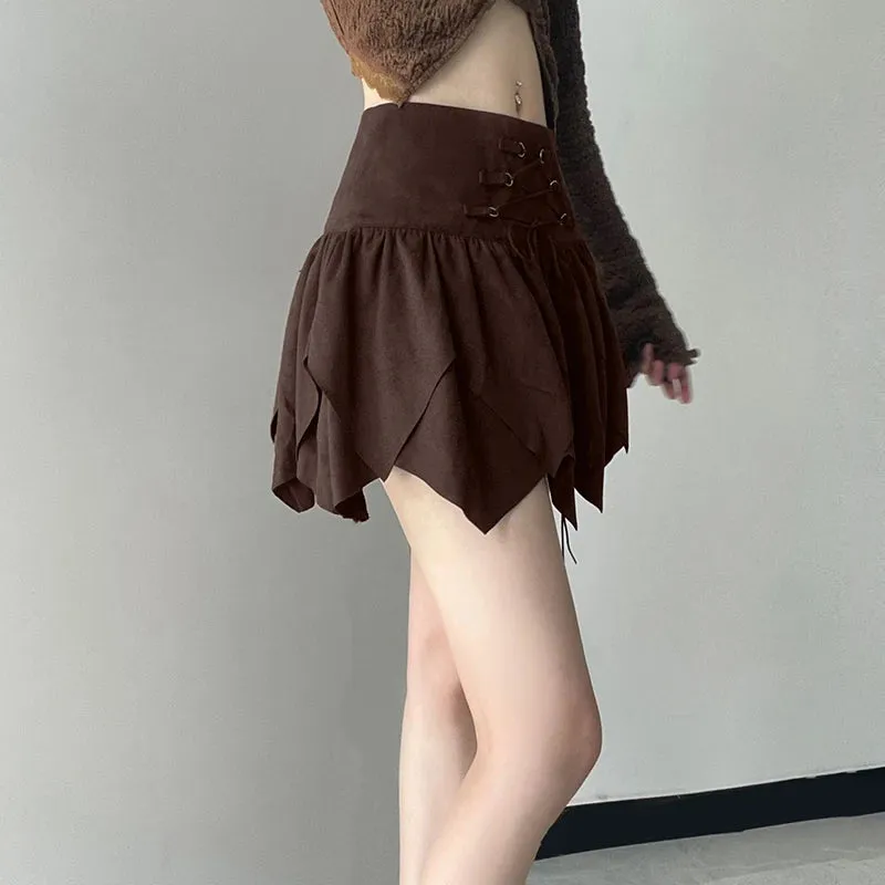 Vintage Fashion Suede High Waist Mini Skirt Lace Up Irregular Hem Harajuku Folds Hottie Preppy Style Female Skirt Y2K