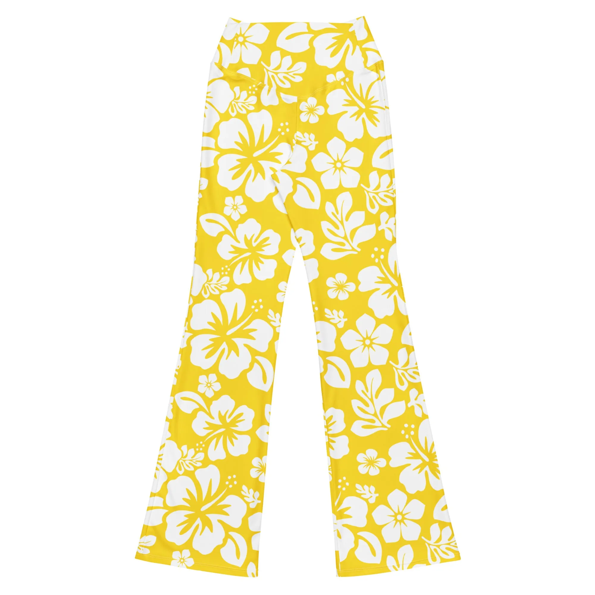 White and Yellow Hawaiian Flowers Flare Leggings