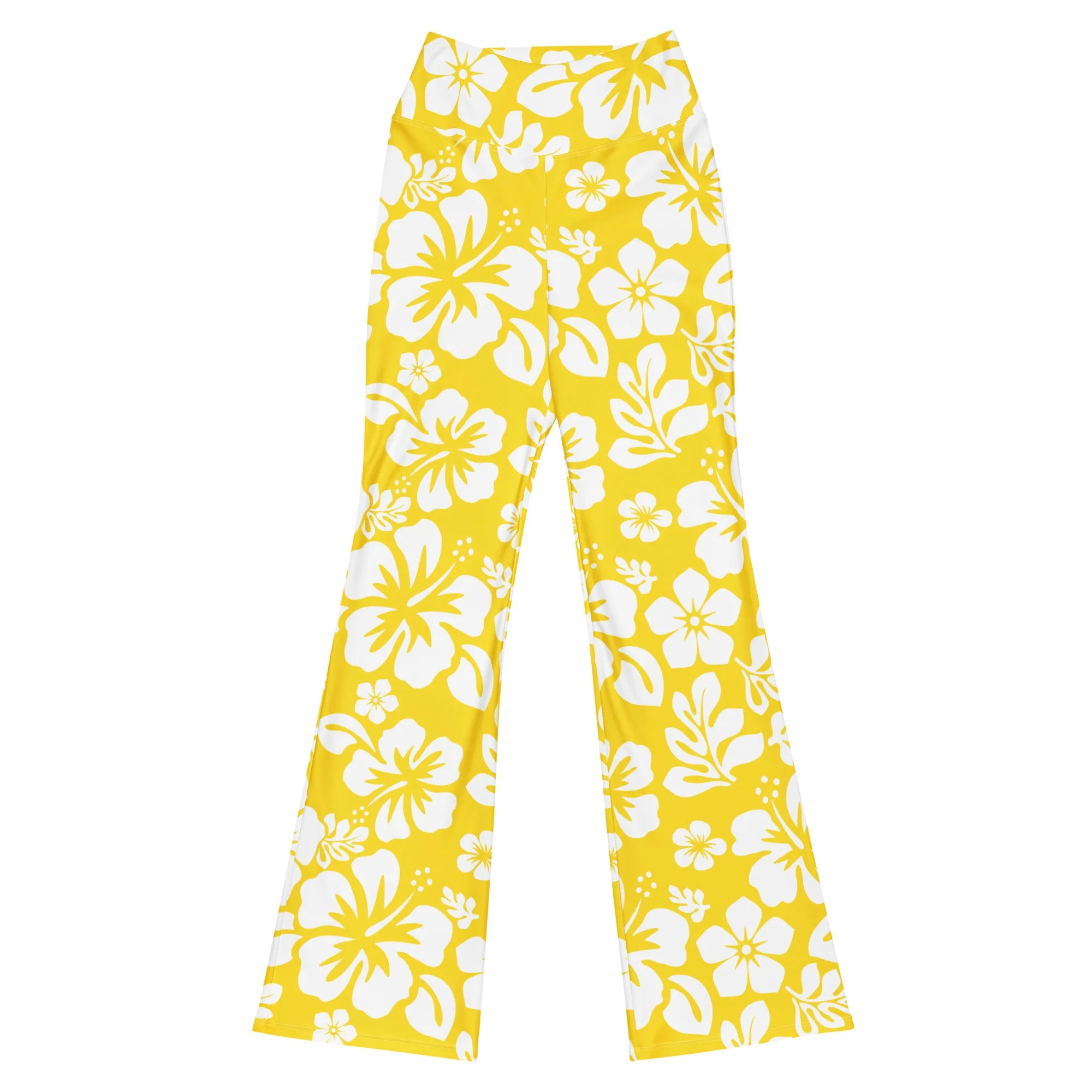 White and Yellow Hawaiian Flowers Flare Leggings