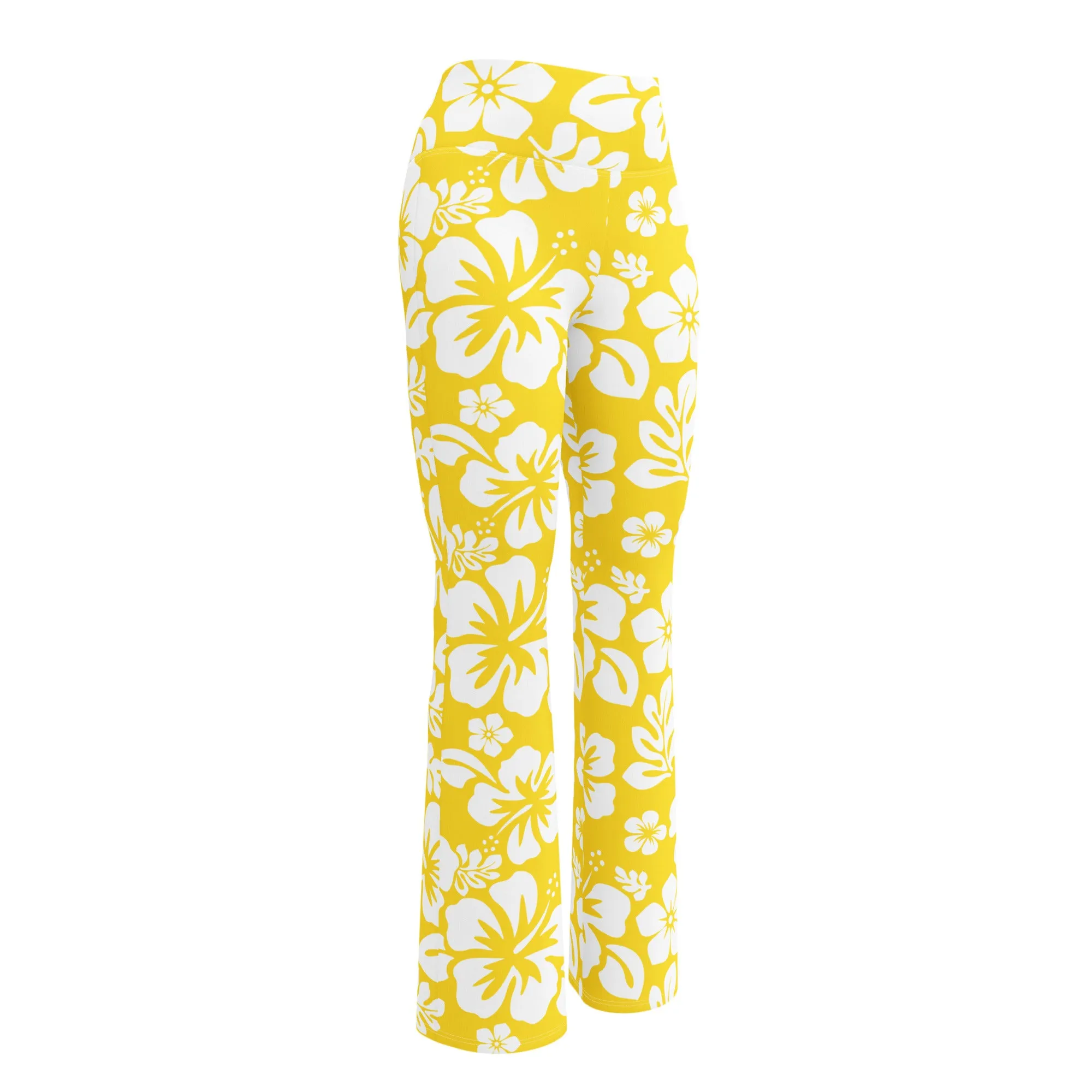 White and Yellow Hawaiian Flowers Flare Leggings