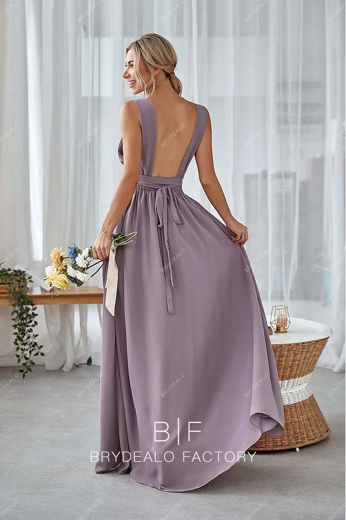 Wisteria Chiffon Empire Open Back Long Chic Formal Dress