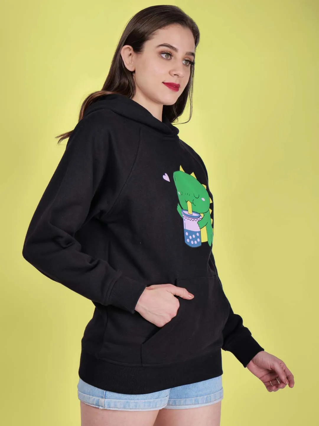 Women Printed Cotton Black Hoodie