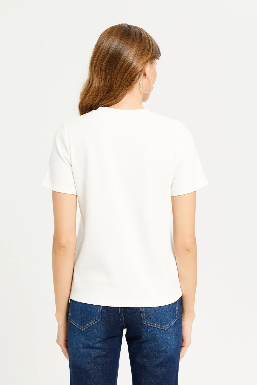 Women White Embroidered Pocket T-Shirt