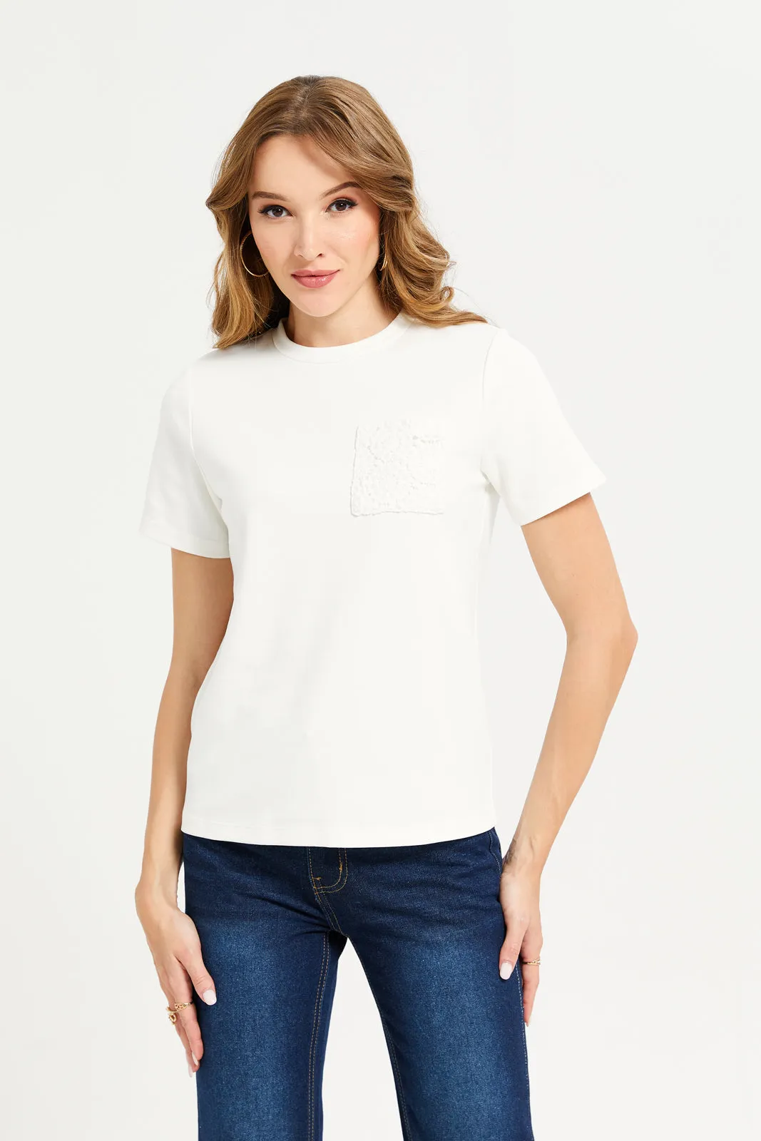 Women White Embroidered Pocket T-Shirt