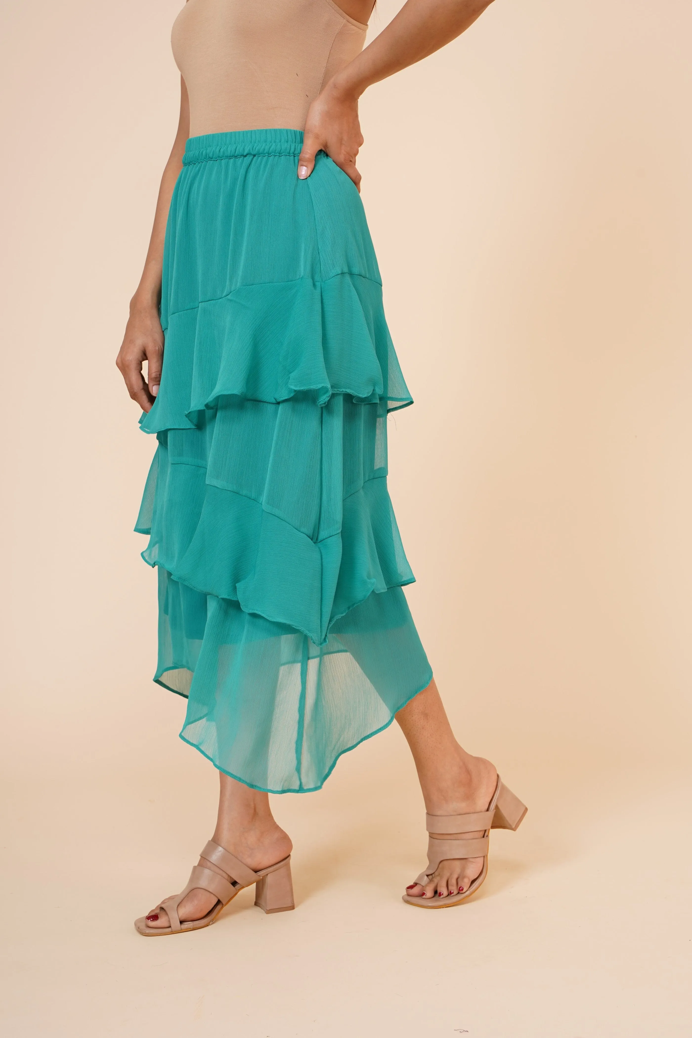 Women's Chiffon Ruffle Skirt with elastic in Dark Green