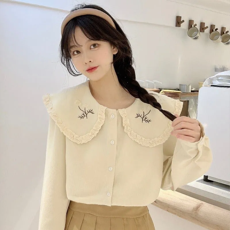 Women's Cute Doll Collar Floral Embroidered Shirt