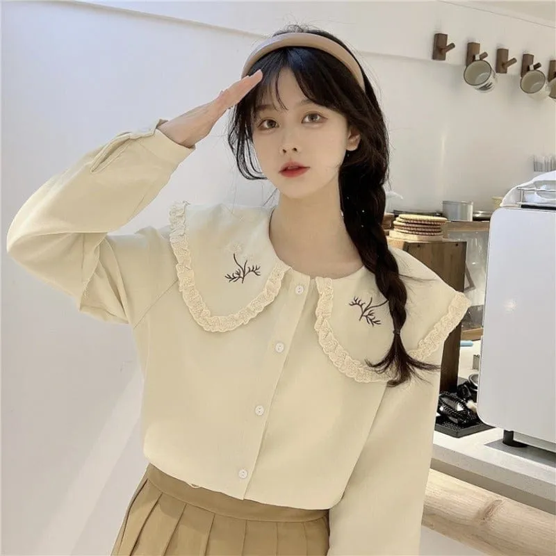 Women's Cute Doll Collar Floral Embroidered Shirt